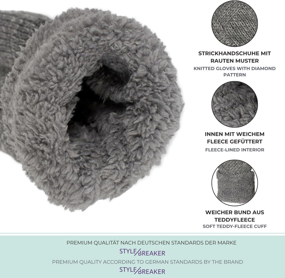 styleBREAKER Damen warme Winter Strick Fäustlinge, Handschuhe mit Rauten Muster, Thermo Fleece, Stri