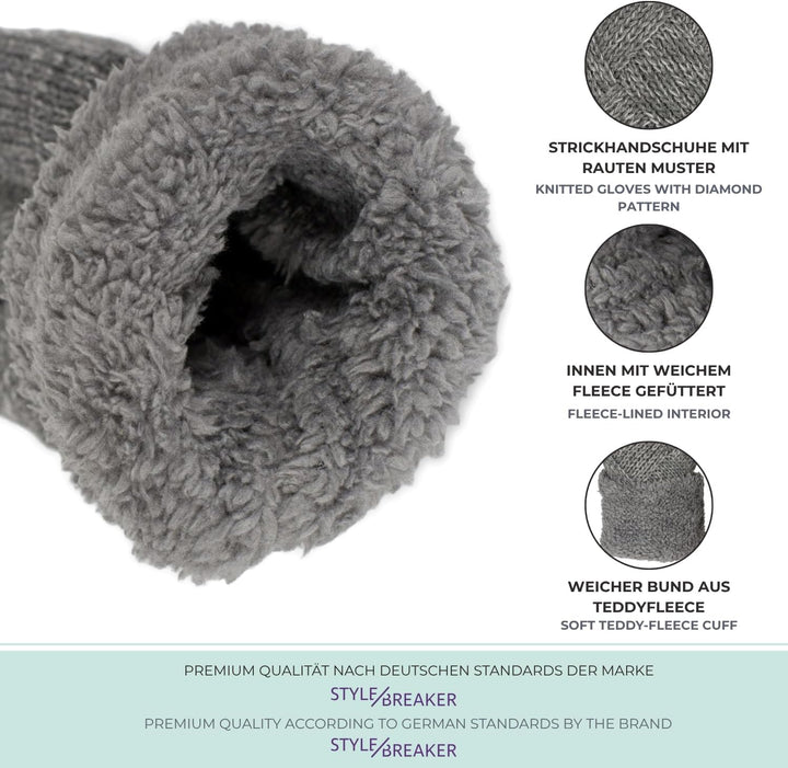styleBREAKER Damen warme Winter Strick Fäustlinge, Handschuhe mit Rauten Muster, Thermo Fleece, Stri