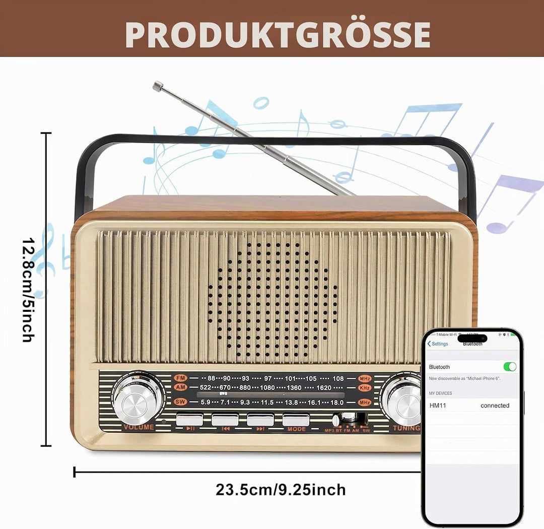 Retro Radio mit Bluetooth, Nostalgie Kofferradio Klein mit AM/FM/SW3, USB/TF/AUX, Wiederaufladbar, K