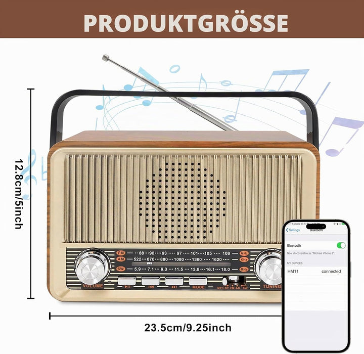 Retro Radio mit Bluetooth, Nostalgie Kofferradio Klein mit AM/FM/SW3, USB/TF/AUX, Wiederaufladbar, K