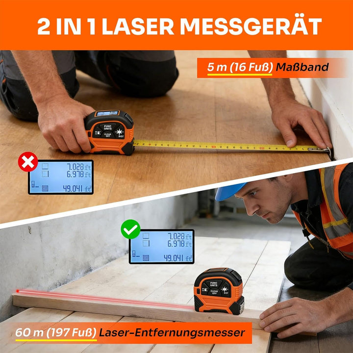 2 in 1 Laser Massband - ansigtny 197 Ft Laser-Messung & 16 Ft Manuelle Messung mit Magnethaken Digit