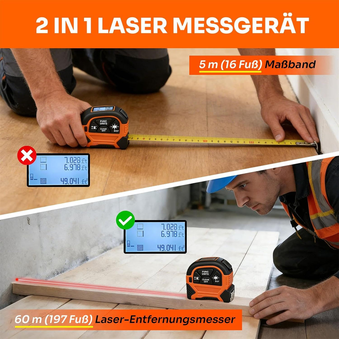 2 in 1 Laser Massband - ansigtny Laser Entfernungsmesser 60 m &amp; 5 m Massband mit LCD-Display Unterst