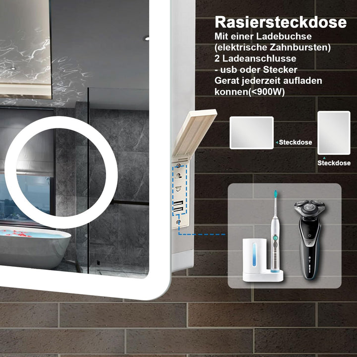 Aica Sanitär LED Badspiegel 70x50cm Uhr Steckdose Schminkspiegel 3 Lichtfarbe Wandspiegel mit dimmba