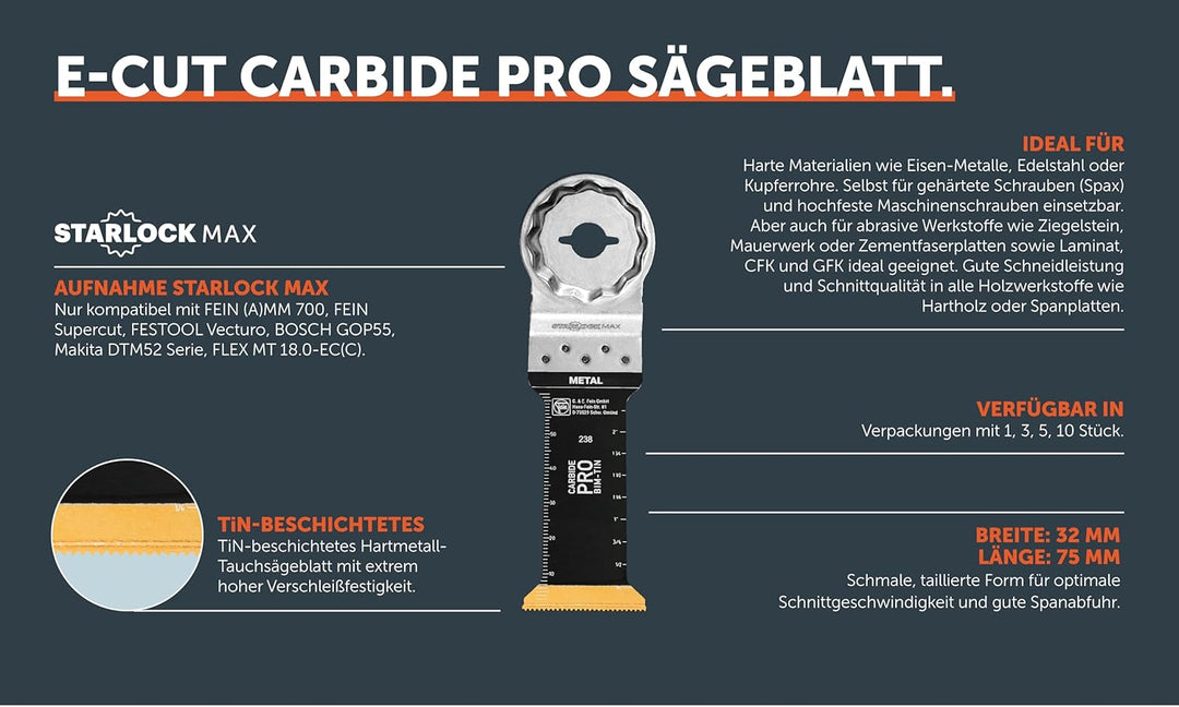 FEIN 63502236210 Saegebl. SLM E-Cut, Orange 1 Stück CarbidePro Metall Starlock 75x32 mm, 1 Stück Car