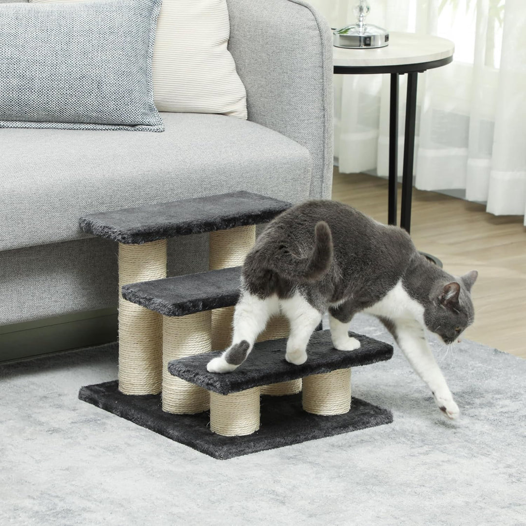 PawHut Tiertreppe Katzentreppe 3 Stufen Hundetreppe Treppe für Katze und Hunde Plüsch Dunkelgrau 45