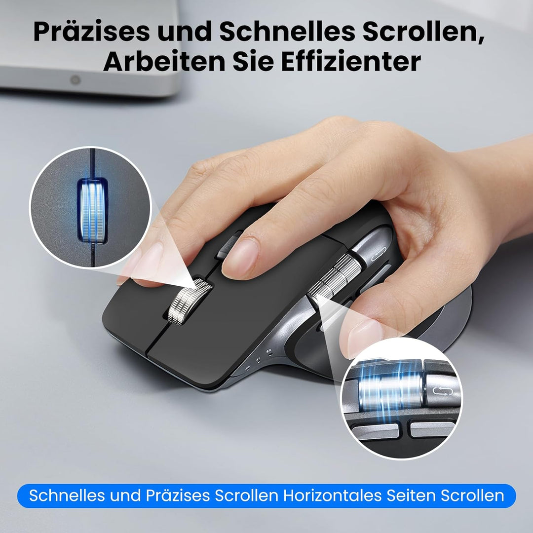 Kabellose Bluetooth Maus, Ergonomische, Wiederaufladbare, Geräuscharme Maus mit Multi-Device-Funktio