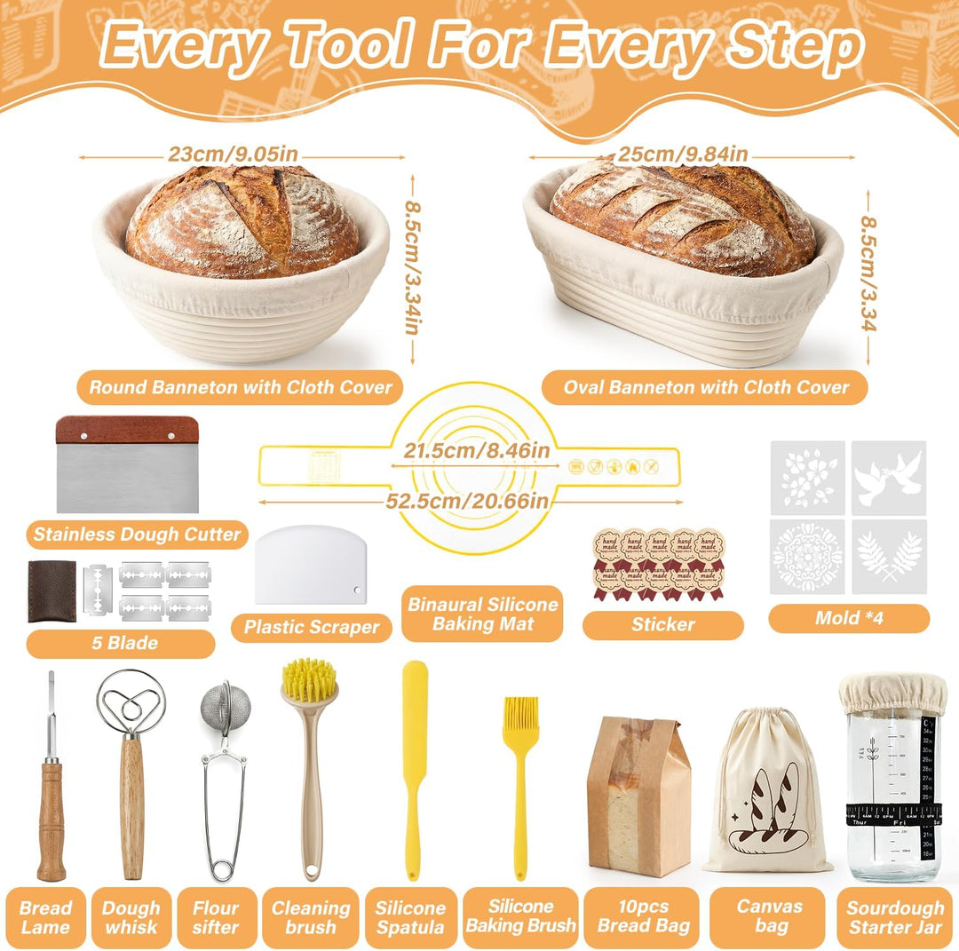 Gärkörbchen Für Sauerteig Starter Set, 2 Gärkorb Brot(23cm rund & 25cm oval), 900ml Sauerteig Glas S