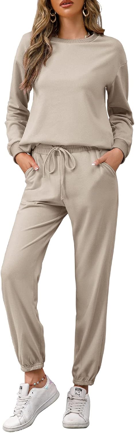 REORIA Damen Tracksuit Langarm Rundhalsausschnitt Einfarbig Zweiteiler Outfit Hoodie Jogger Training