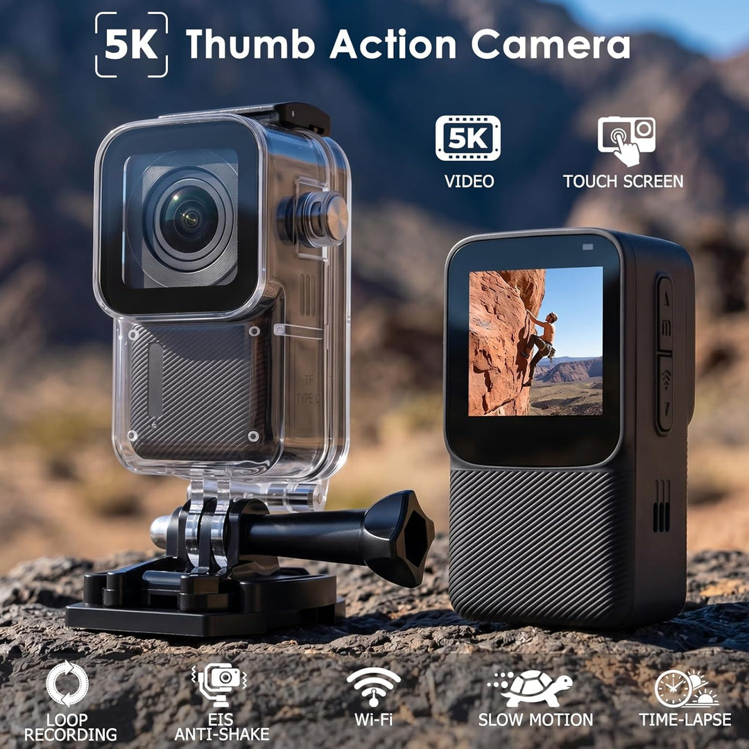 ydi wasserdichte Action Cam 5K/30 FPS, EIS Daumen Unterwasser Actionkamera 30M mit 1,3-Zoll Touchscr