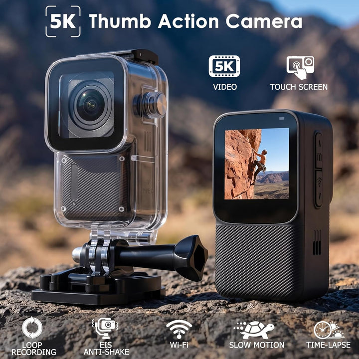 ydi wasserdichte Action Cam 5K/30 FPS, EIS Daumen Unterwasser Actionkamera 30M mit 1,3-Zoll Touchscr