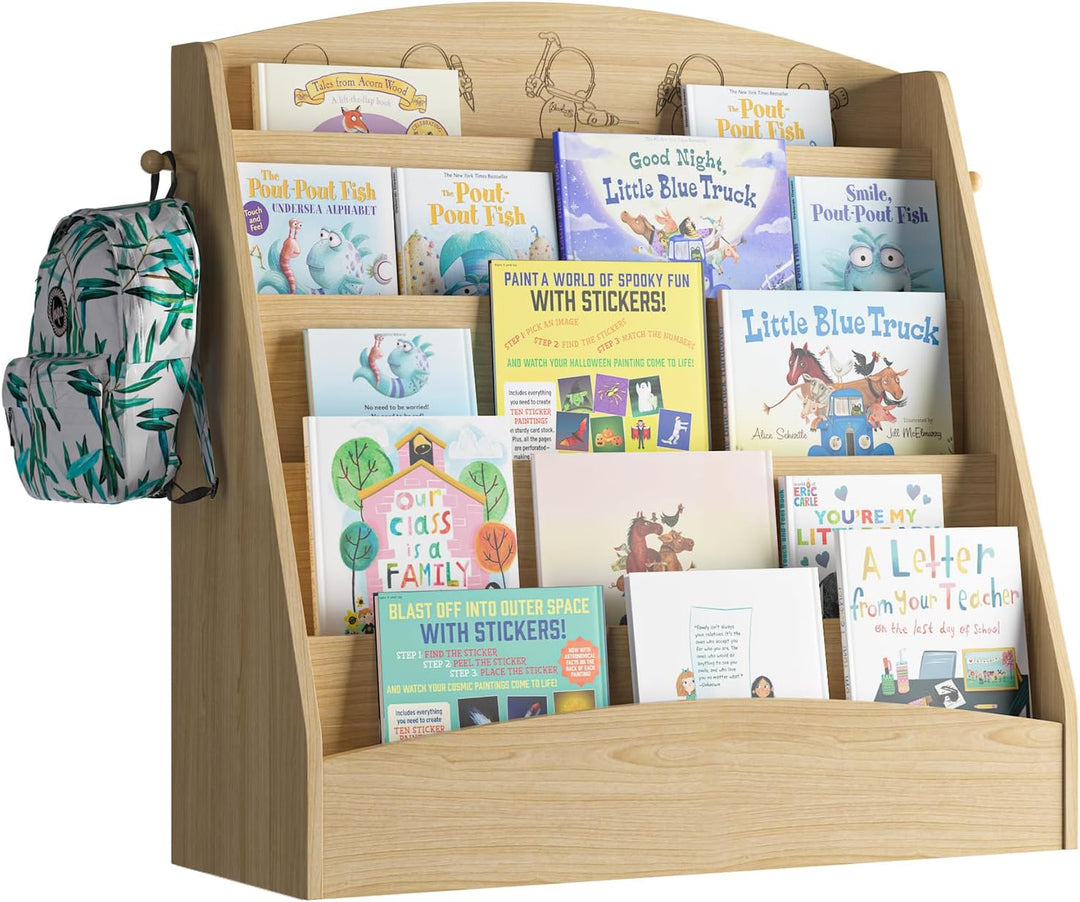 Kinder Bücherregal mit 5 offenen Fächern und Haken, Kinderregal Holz, Montessori Aufbewahrungsregal