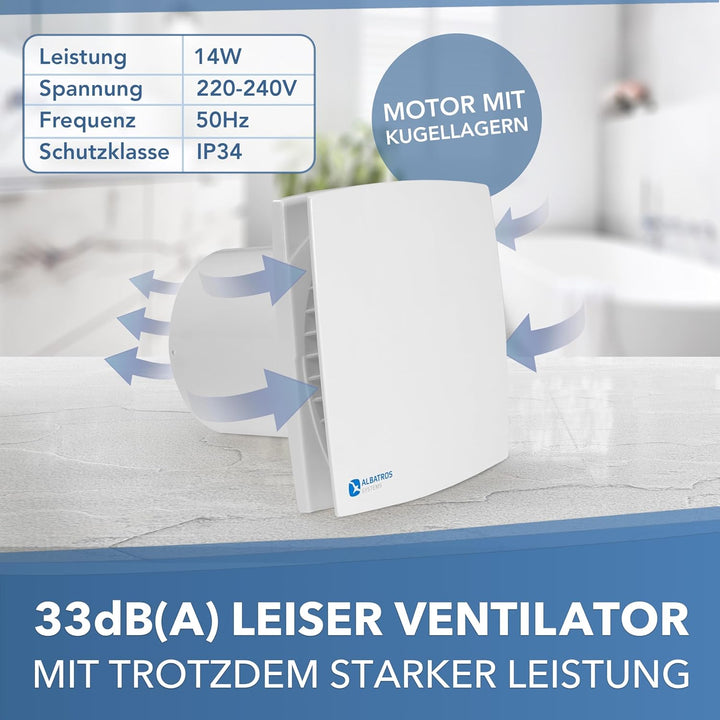 Albatros Badlüfter 100mm mit Feuchtigkeitssensor und Timer - Alba FS - Extra Leise und Leistungsstar