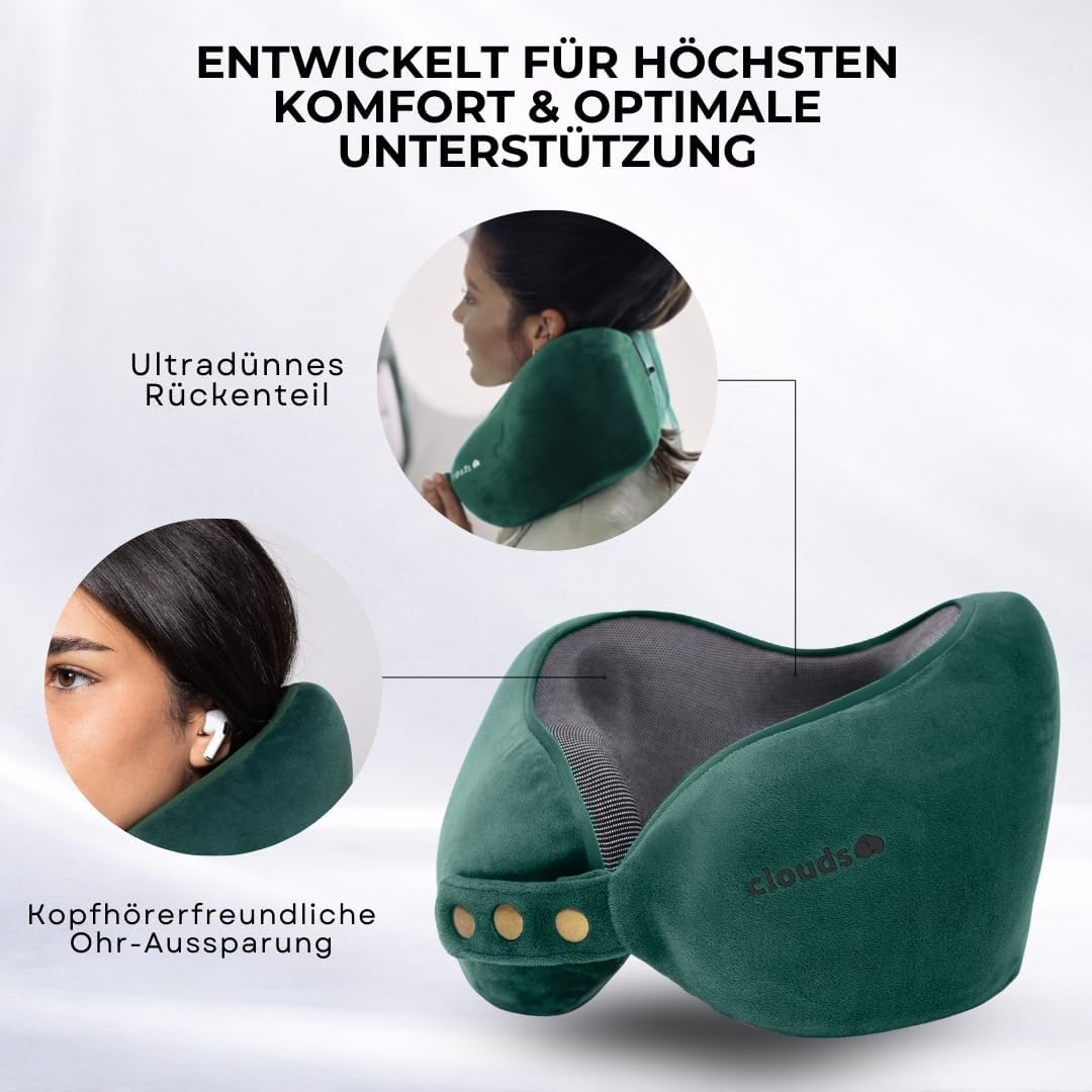 CLOUDS Nackenkissen Flugzeug & Auto – Einstellbares Memory Foam Reisekissen in 2 Grössen für Erwachs