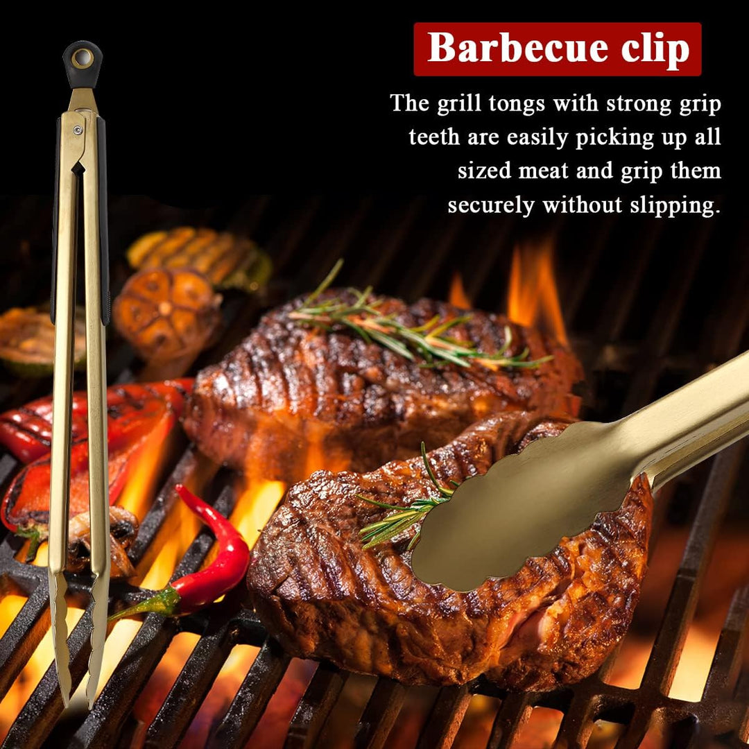 Kyraton Gold Grillbesteck Set 4TLG Kit, Grill Zubehör Set, Titan Gold Beschichtung Edelstahl mit Bak