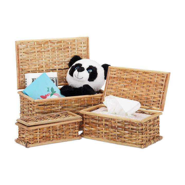 Relaxdays, natürlich Körbchen 3er-Set Rattan, Deckel, geflochten, Wohnzimmer, Korbset, Dekokiste, 10