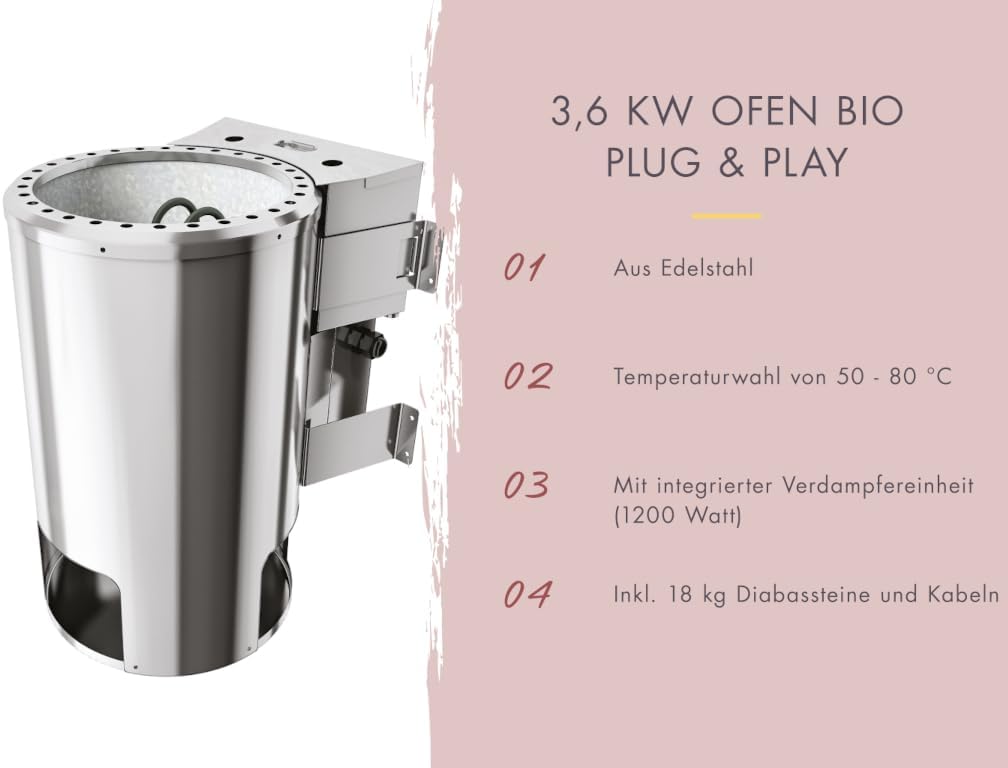 Karibu elektrisch Saunaofen 3,6 KW Bio Easy Plug&Play für externe Steuerung, ohne Saunasteine, ohne