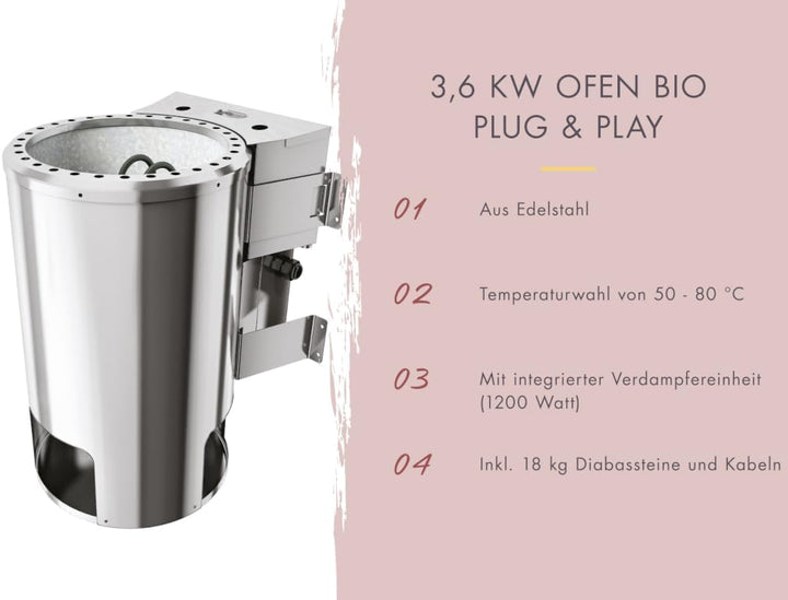 Karibu elektrisch Saunaofen 3,6 KW Bio Easy Plug&Play für externe Steuerung, ohne Saunasteine, ohne