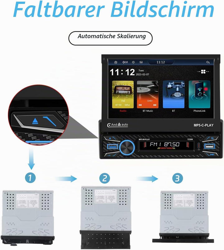 Hikity 1 Din Autoradio Wireless Carplay, 7 Zoll Bildschirm Touchscreen Motorisiertes Teleskop Displa