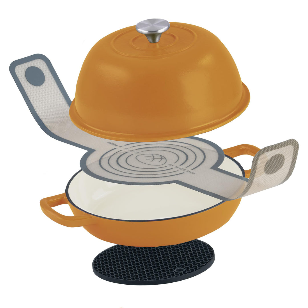 Mahlzeit Gusseisen Brottopf Set emailliert | 6,4 Liter | Sunny Orange | Brotbackform mit Brotschling