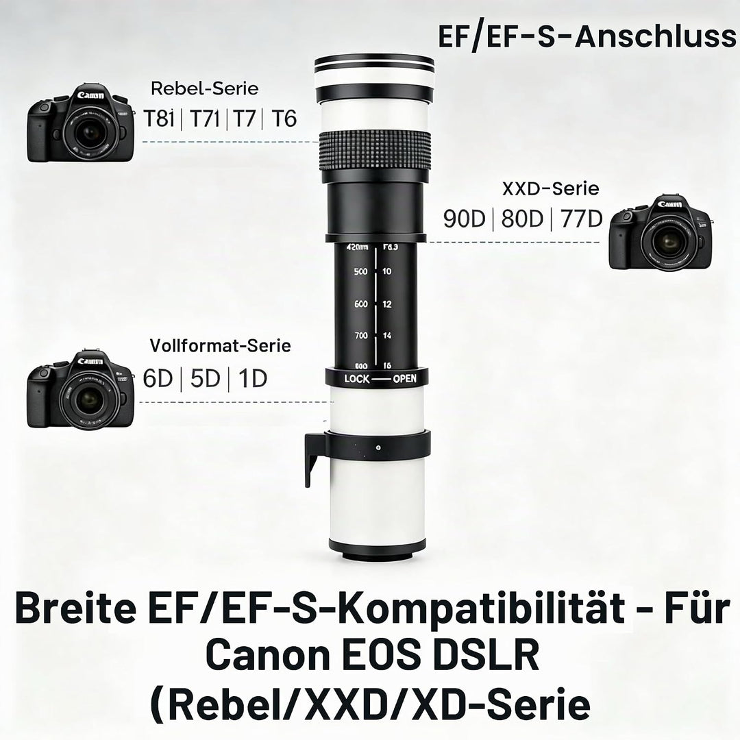 JINTU 420-800mm F8.3 Teleobjektiv EF Objektiv Manueller für Canon EOS Rebel T8i 4000D 2000D T7i T7 T