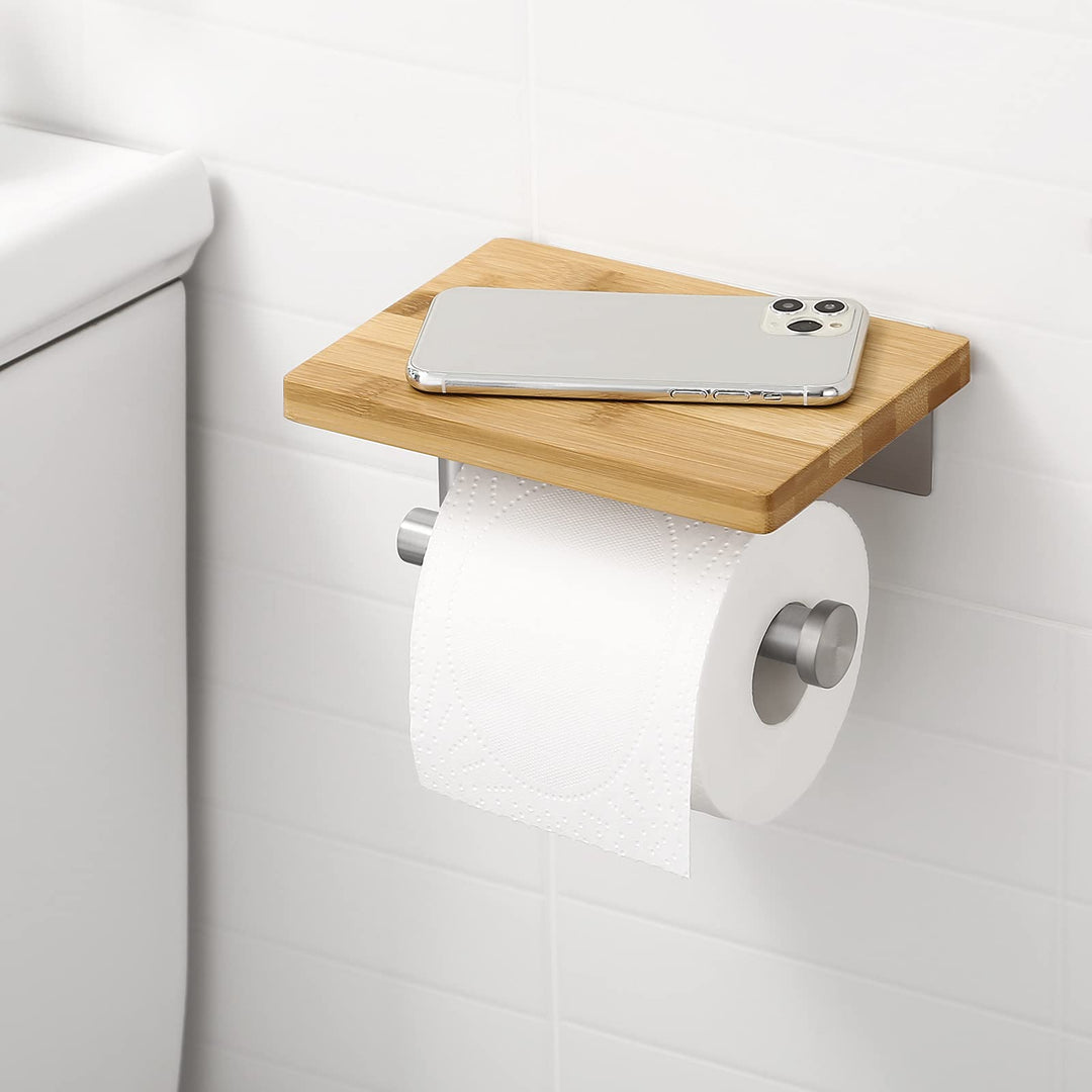 KES Toilettenpapierhalter ohne Bohren mit Bambus-Ablage Klopapierhalter Klorollenhalter WC Papier Ha