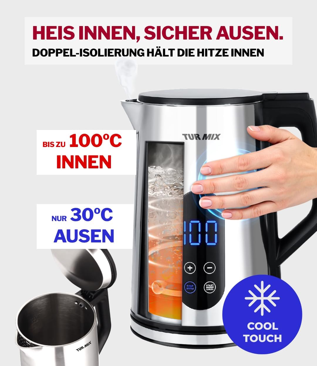 Turmix Wasserkocher mit Temperatureinstellung – 1,7L Digitaler Wasserkocher edelstahl mit LED-Anzeig