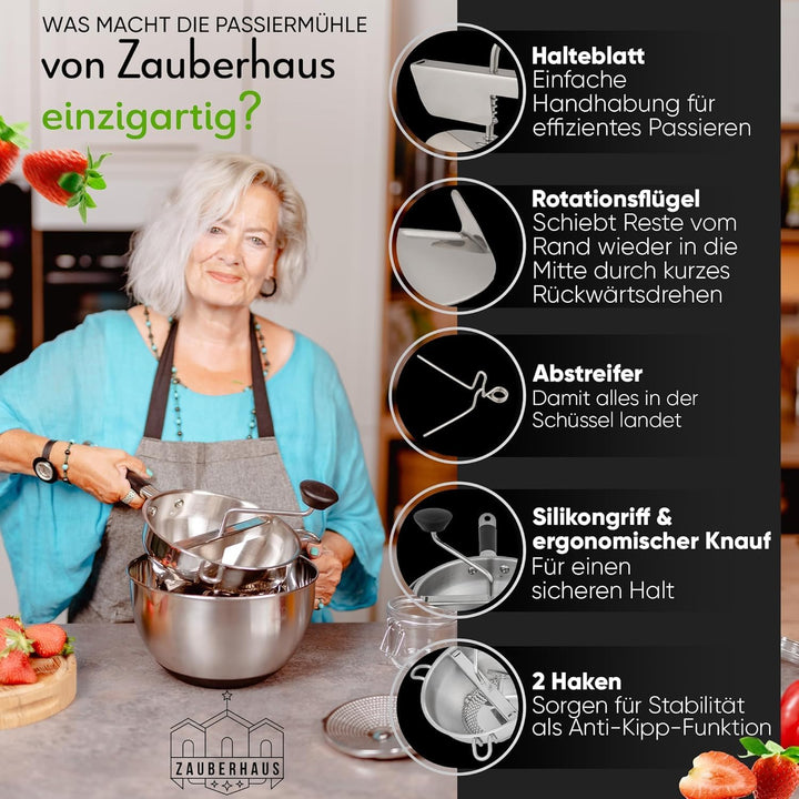 Hominas Manueller Lebensmittelmixer, Passiergerät aus Edelstahl mit 3 Siebeinsatz Rotationsmühle Pas