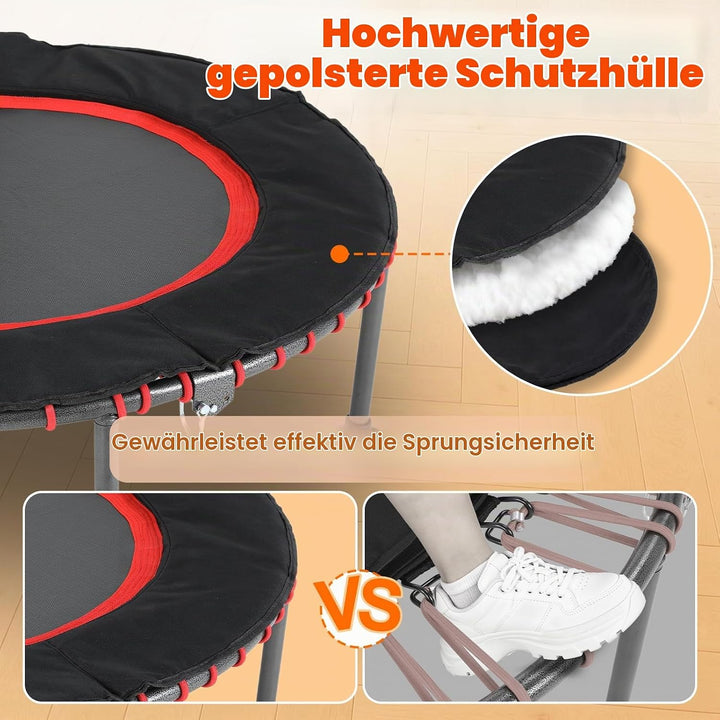 LIFERUN Fitness Trampolin Indoor | mit Randabdeckung | Bis 150kg Belastbar | 3 Verstellbare Haltegri
