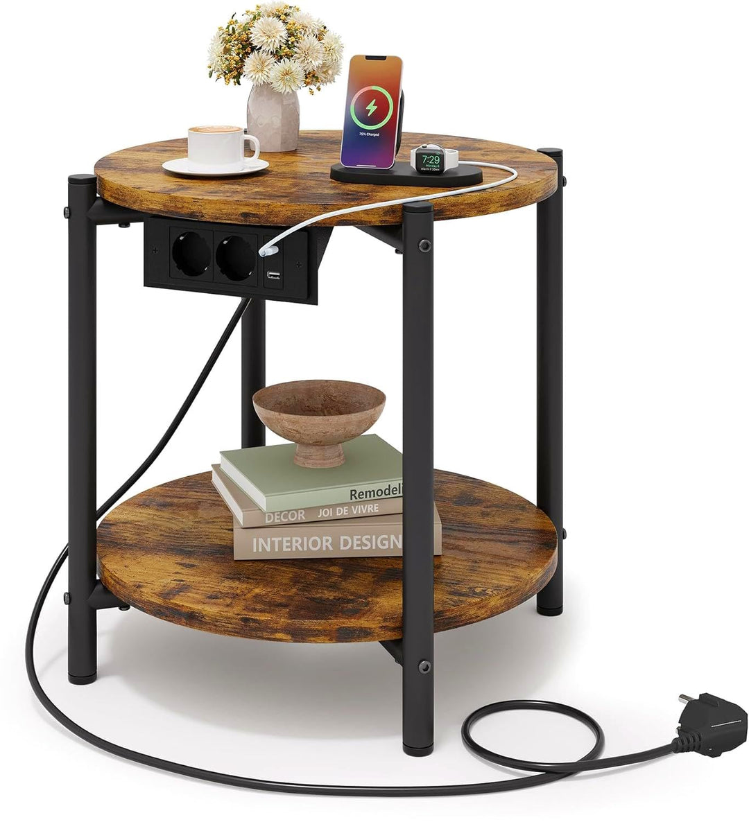 IRONCK Beistelltisch rund, Couchtisch mit Steckdose, Kleiner Tisch Holz, Wohnzimmertisch 2 Ablagen,S