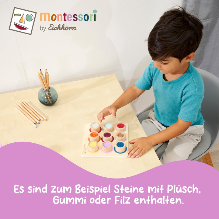 Eichhorn – Montessori – Fühlbrett mit 9 Fühlzylindern mit verschiedenen Oberflächen und Materialien,