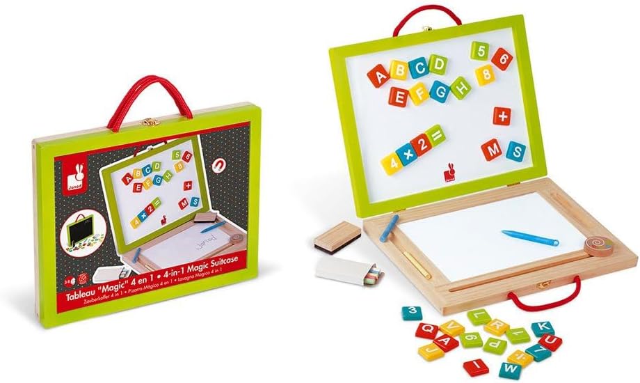 Janod - Kinder-Holzspielzeug 4-in-1-Tafel, Zaubertafel für diverse Aktivitäten, mit Zubehör und 42 M