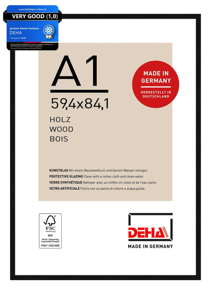 DEHA Design Bilderrahmen Fontana, A1 59,4x84,1 cm, Holz Schwarz, bruchsicheres Acrylglas, für Poster