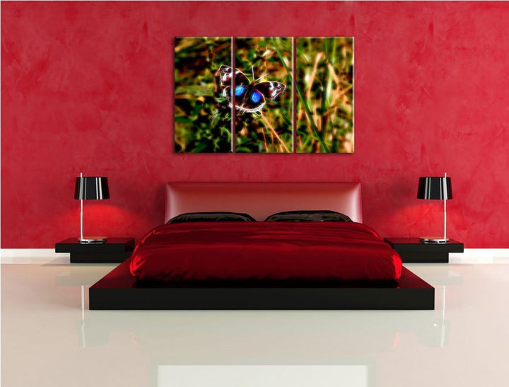 aussergewöhnlicher Schmetterling auf Grashalm NewArt 3-Teiler Leinwandbild 120x80 Bild auf Leinwand,