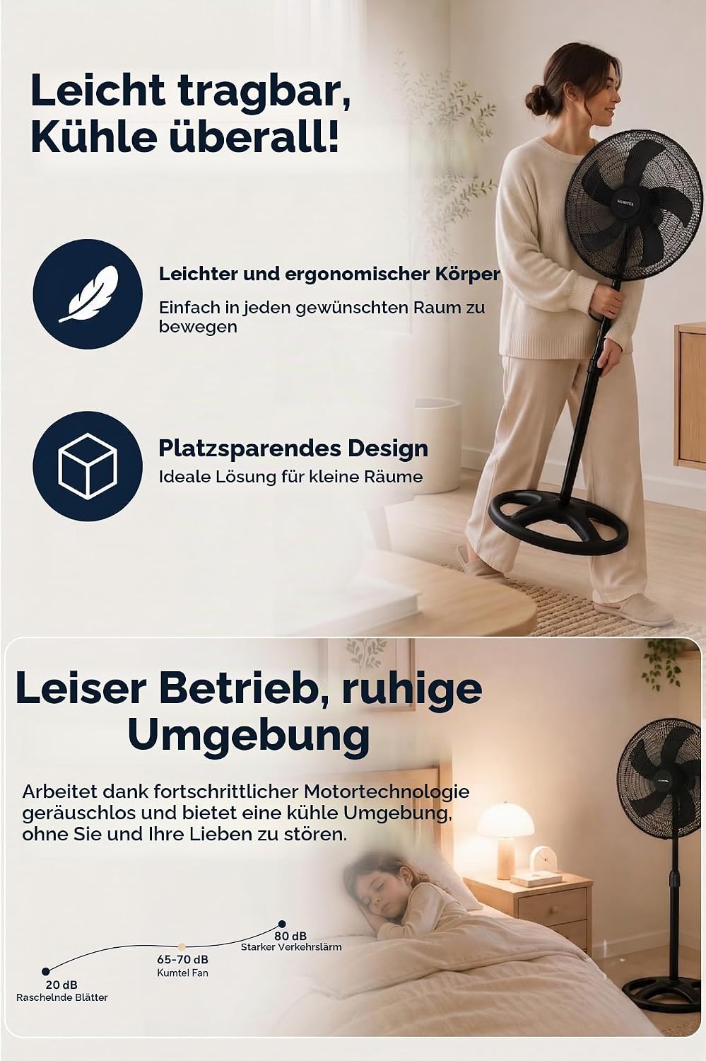 Opviq Kumtel Verstellbarer schwarzer Ventilator, 60 W, 50 x 50 x 132 cm | 3 Geschwindigkeitsstufen,