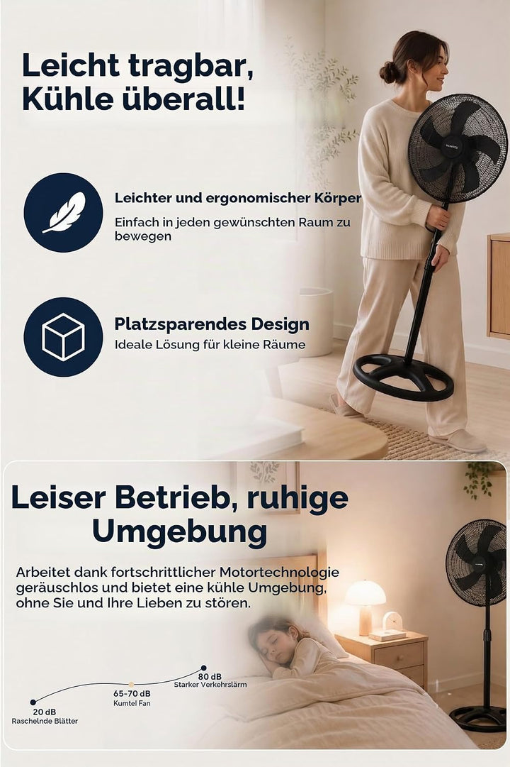 Opviq Kumtel Verstellbarer schwarzer Ventilator, 60 W, 50 x 50 x 132 cm | 3 Geschwindigkeitsstufen,