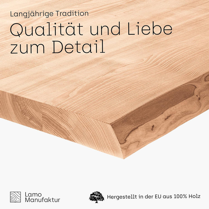 LAMO Manufaktur Massivholzplatte Tischplatte Baumkante für Schreibtisch, Esstisch, 120x60 cm, Roh, L