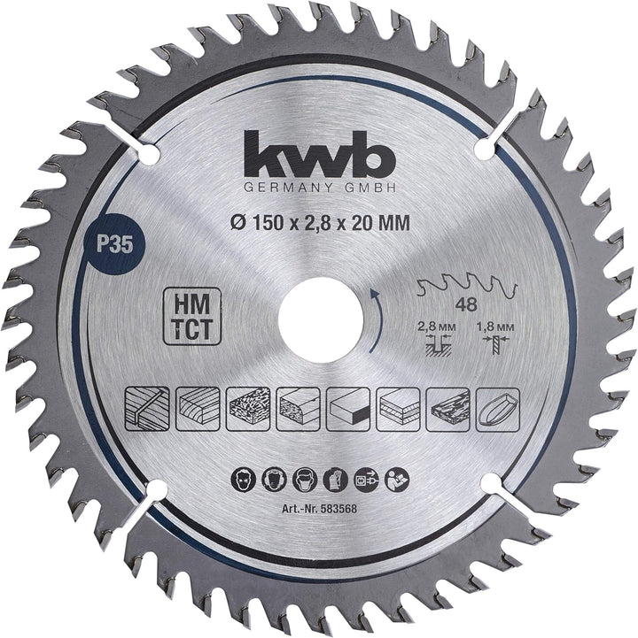 kwb Kreissägeblatt 150 x 20 mm, sehr feiner Schnitt, Sägeblatt geeignet für Arbeitsplatten, Holz und