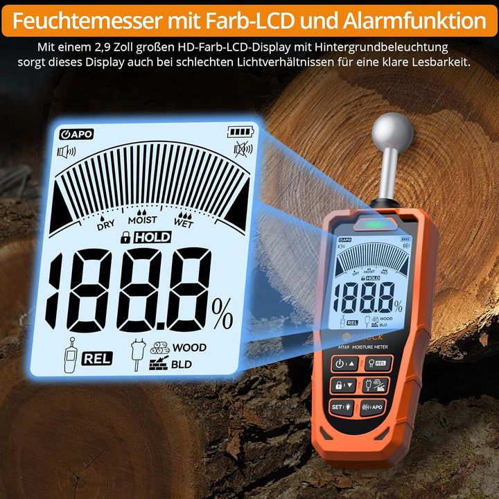 Neoteck Pin&Pinless Feuchtigkeitsmesser mit Farb-LCD und akustischem Alarm 2-in-1 Dual-Sonden-Feucht