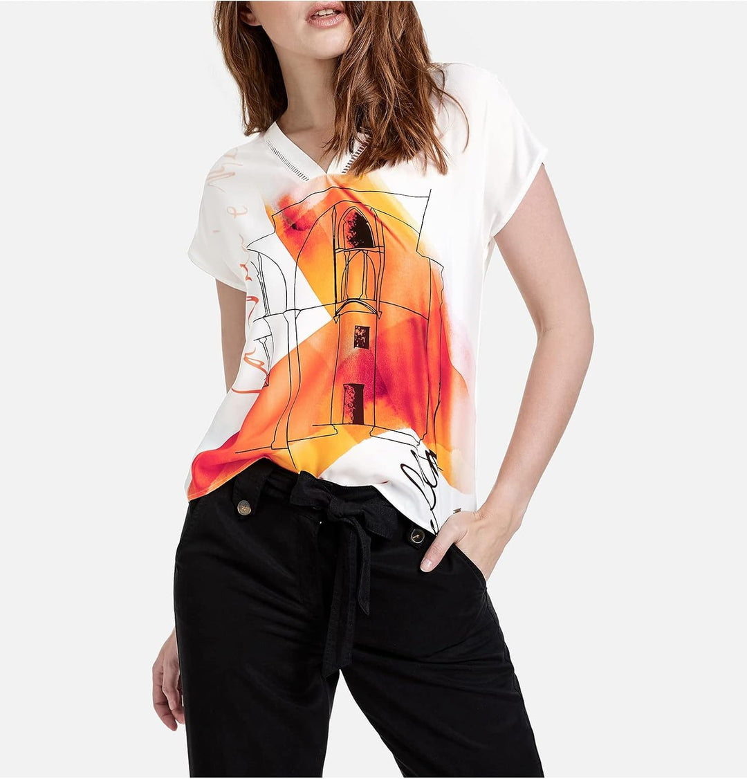 Taifun Damen Blusenshirt mit Front-Print Kurzarm, überschnittene Schultern Gemustert 42 Offwhite Gem