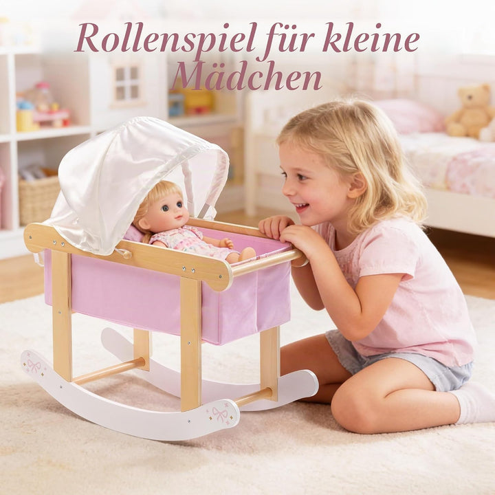 ROBUD Puppenwiege mit Baldachin für 45 cm Puppen, Puppenbett Holz mit Schaukelfunktion, Matratze und