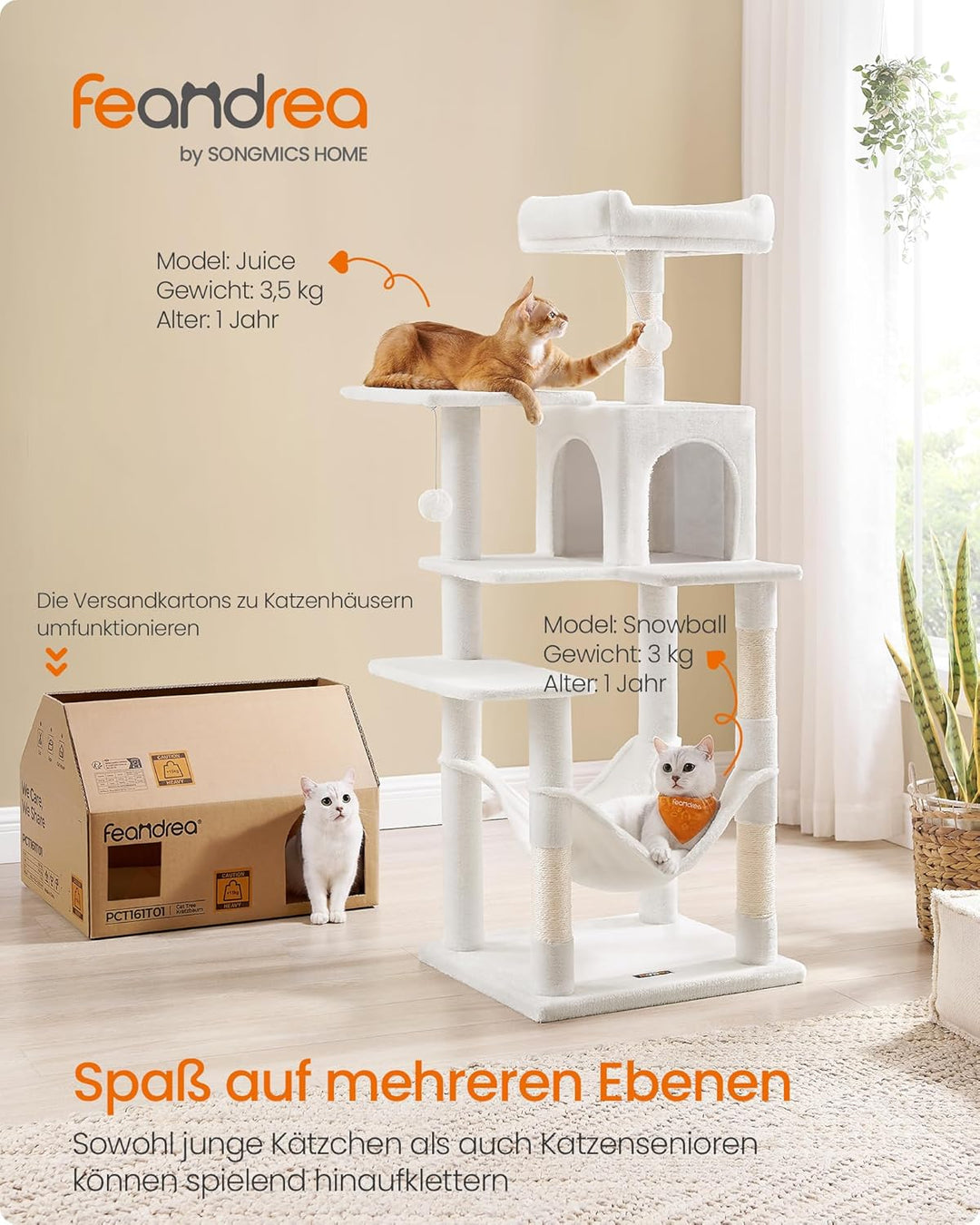 Feandrea Kratzbaum, 143 cm hoch, Katzenbaum, mehrstöckiges Katzenhaus, mit 4 Kratzsäulen, 2 Plattfor