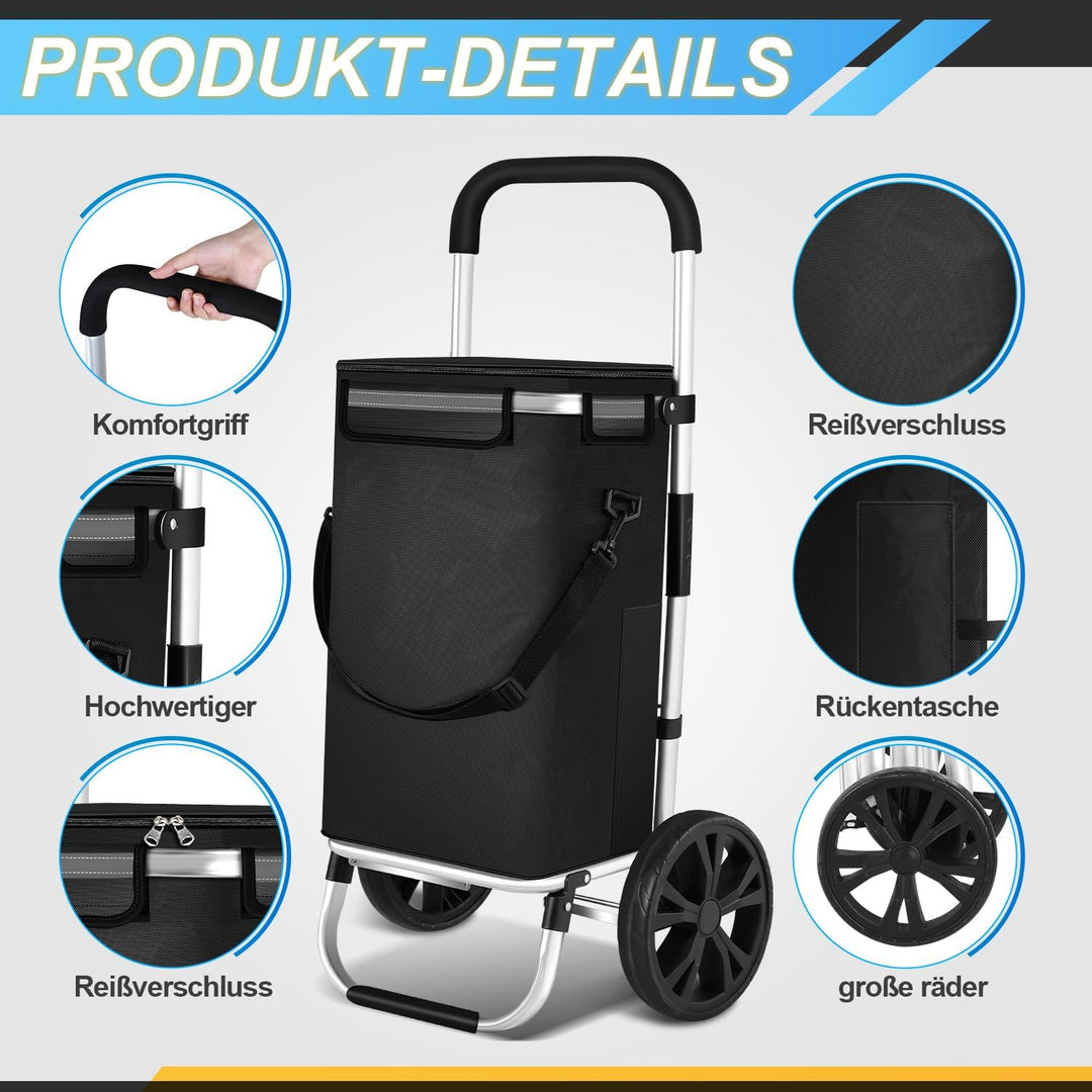 Einkaufstrolley klappbar mit Kühlfach, 40 L Einkaufswagen mit Rollen, abnehmbare Einkaufstasche, Han