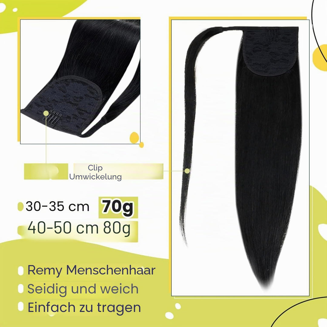 RUNATURE Echthaar Zopf Schwarz 45cm Gerade Echte Haare Ponytail Extensions Echthaar Schwarz Glatt Me