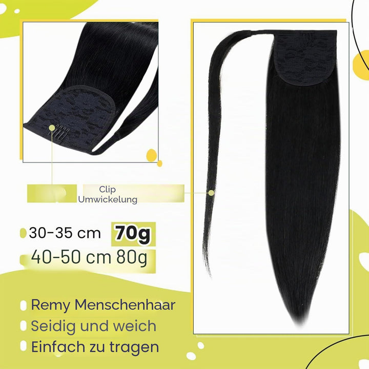 RUNATURE Echthaar Zopf Schwarz 45cm Gerade Echte Haare Ponytail Extensions Echthaar Schwarz Glatt Me