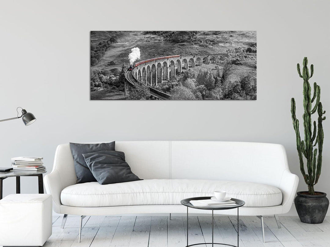 Glasbild Panorama | Wandbild aus Echtglas | Eisenbahnviadukt in Schottland | 100x40 cm | inkl. Aufhä