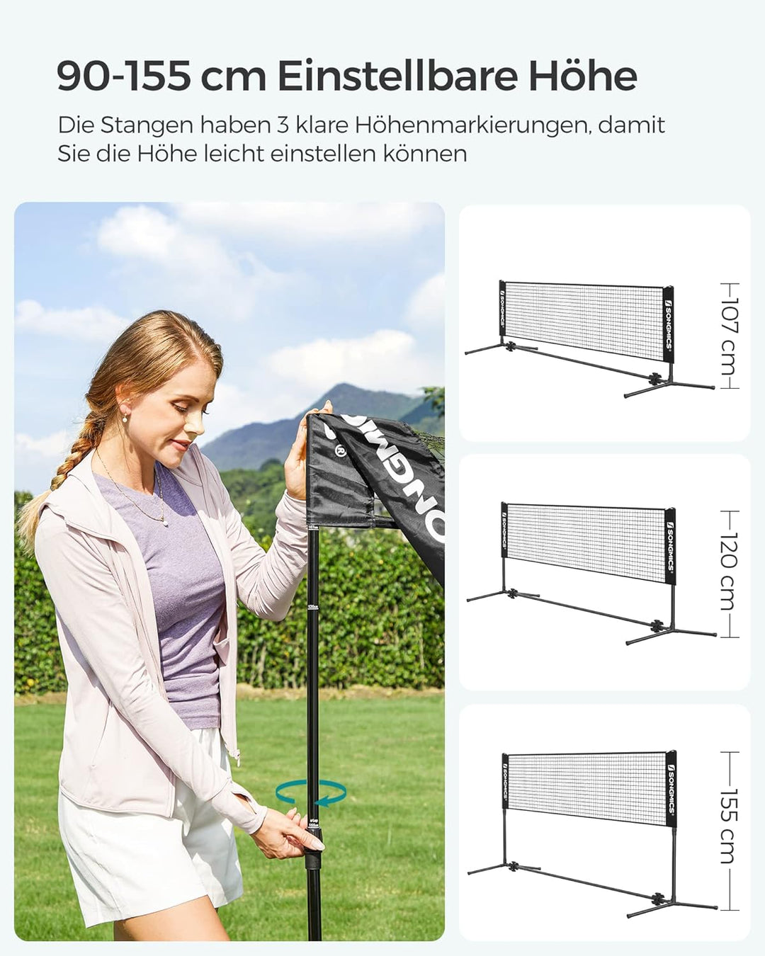 SONGMICS 3 m Badminton-Netz, Volleyballnetz, höhenverstellbare Stangen, tragbares Set für Tennis 4 m