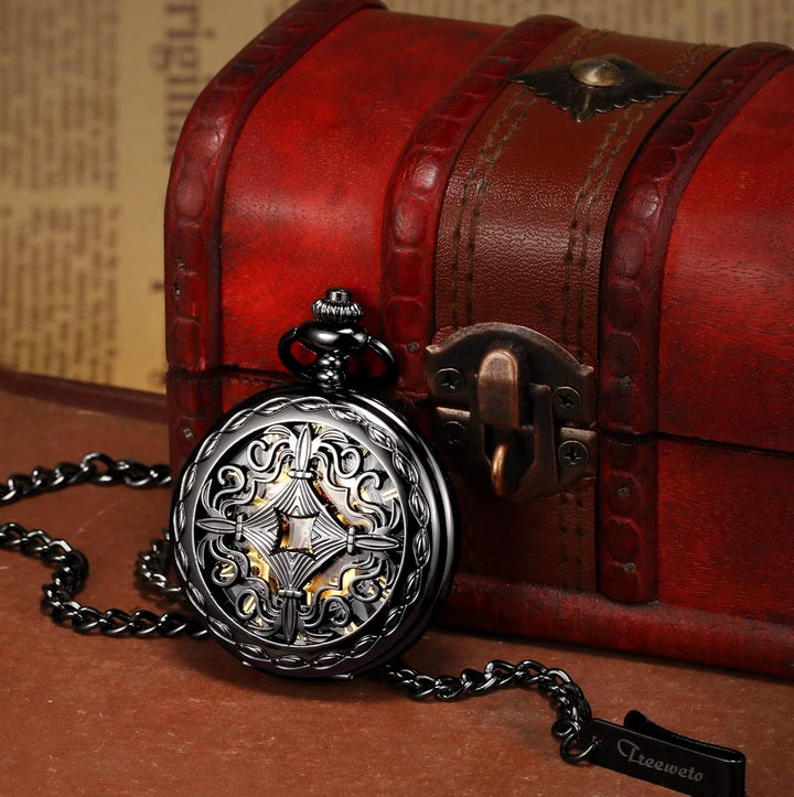 TREEWETO Unisex Taschenuhr mit Kette Analog Handaufzug Antik Kupfer Skelett Schwarz