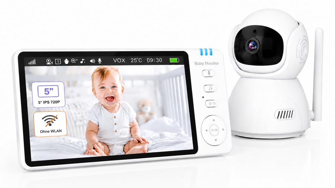 BURNNOVE Babyphone mit Kamera ohne WLAN, 5 Zoll IPS 720P Video Babyphone, Baby Monitor mit Nachtsich
