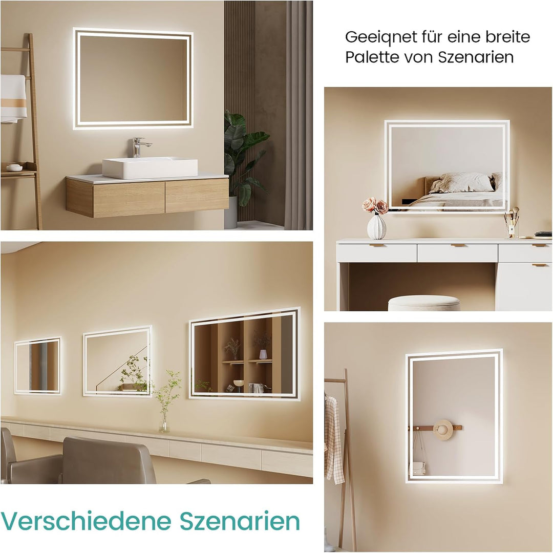 EMKE LED Badspiegel mit Beleuchtung 50x60cm LED Wandspiegel Warmweisses Licht und Kaltesweisses Lich