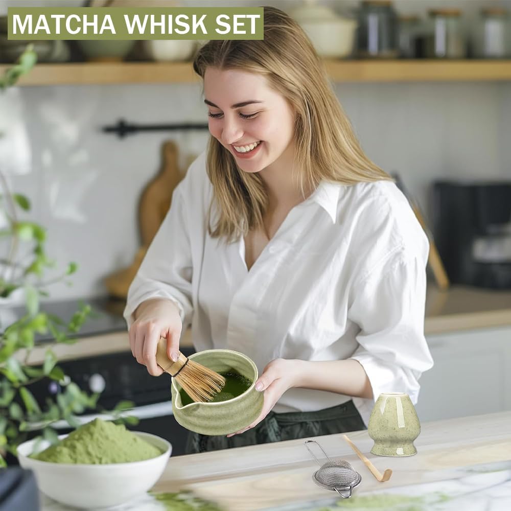 5 Stück Matcha Set, Bambus Besen, Keramik Schale mit Ausgiesser, Whisk, Schaufel, Sieb, Ohne Pulver,